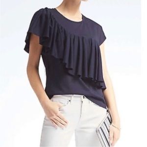 4/$25 SALE Banana Republic Navy Blue Asymmetrical Ruffle Short Sleeve Top